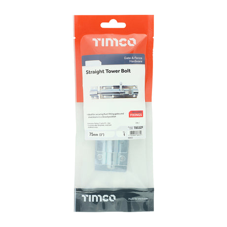 This is an image showing TIMCO Straight Tower Bolt - Zinc - 3" - 1 Each TIMpac available from T.H Wiggans Ironmongery in Kendal, quick delivery at discounted prices.