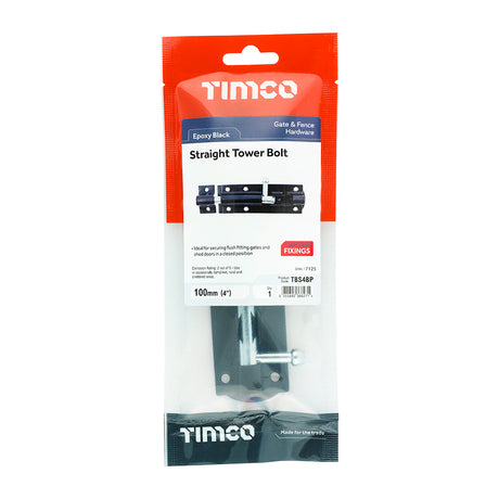 This is an image showing TIMCO Straight Tower Bolt - Black - 4" - 1 Each TIMpac available from T.H Wiggans Ironmongery in Kendal, quick delivery at discounted prices.