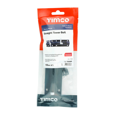 This is an image showing TIMCO Straight Tower Bolt - Black - 6" - 1 Each TIMpac available from T.H Wiggans Ironmongery in Kendal, quick delivery at discounted prices.