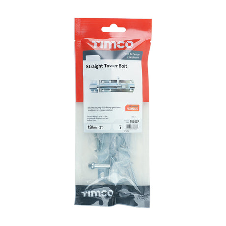 This is an image showing TIMCO Straight Tower Bolt - Zinc - 6" - 1 Each TIMpac available from T.H Wiggans Ironmongery in Kendal, quick delivery at discounted prices.