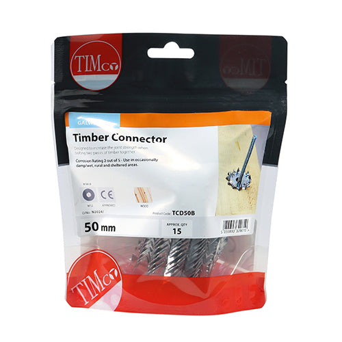 This is an image showing TIMCO Timber Connectors - Double Sided - Galvanised - 50mm / M12 - 15 Pieces TIMbag available from T.H Wiggans Ironmongery in Kendal, quick delivery at discounted prices.