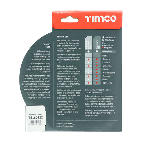 This is an image showing TIMCO General Purpose Tile & Ceramic Diamond Blade - Continuous   - 180 x 22.2 - 1 Each Box available from T.H Wiggans Ironmongery in Kendal, quick delivery at discounted prices.