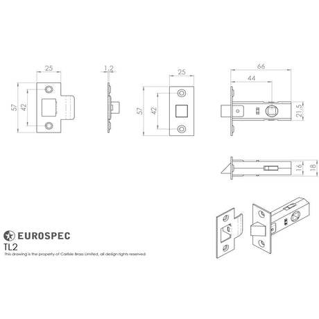 This image is a line drwaing of a Carlisle Brass - Tubular Latch 64mm - Nickel Plate available to order from T.H Wiggans Architectural Ironmongery in Kendal