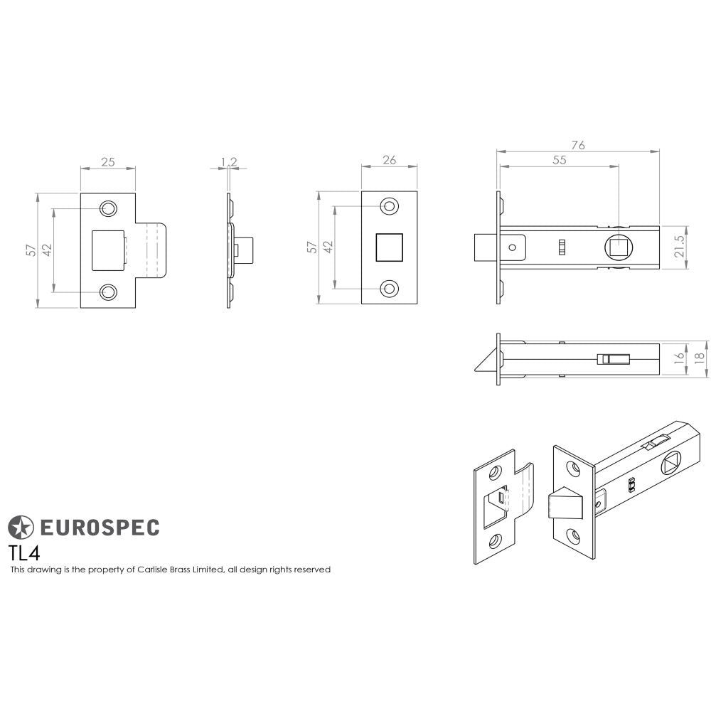 This image is a line drwaing of a Carlisle Brass - Tubular Latch 76mm - Nickel Plate available to order from T.H Wiggans Architectural Ironmongery in Kendal