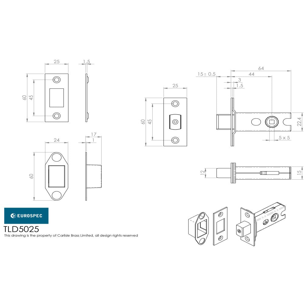 This image is a line drwaing of a Eurospec - Tubular Dead Bolt 64mm - Bright Stainless Steel available to order from T.H Wiggans Architectural Ironmongery in Kendal