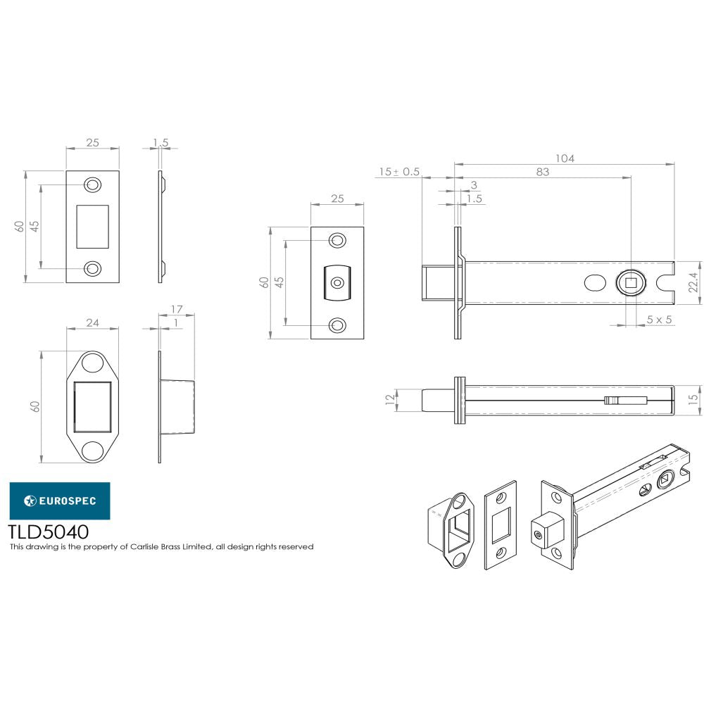 This image is a line drwaing of a Eurospec - Tubular Dead Bolt 102mm - Electro Brassed/Satin Stainless Steel available to order from T.H Wiggans Architectural Ironmongery in Kendal