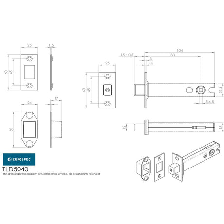 This image is a line drwaing of a Eurospec - Tubular Dead Bolt 102mm - Electro Brassed/Satin Stainless Steel available to order from T.H Wiggans Architectural Ironmongery in Kendal