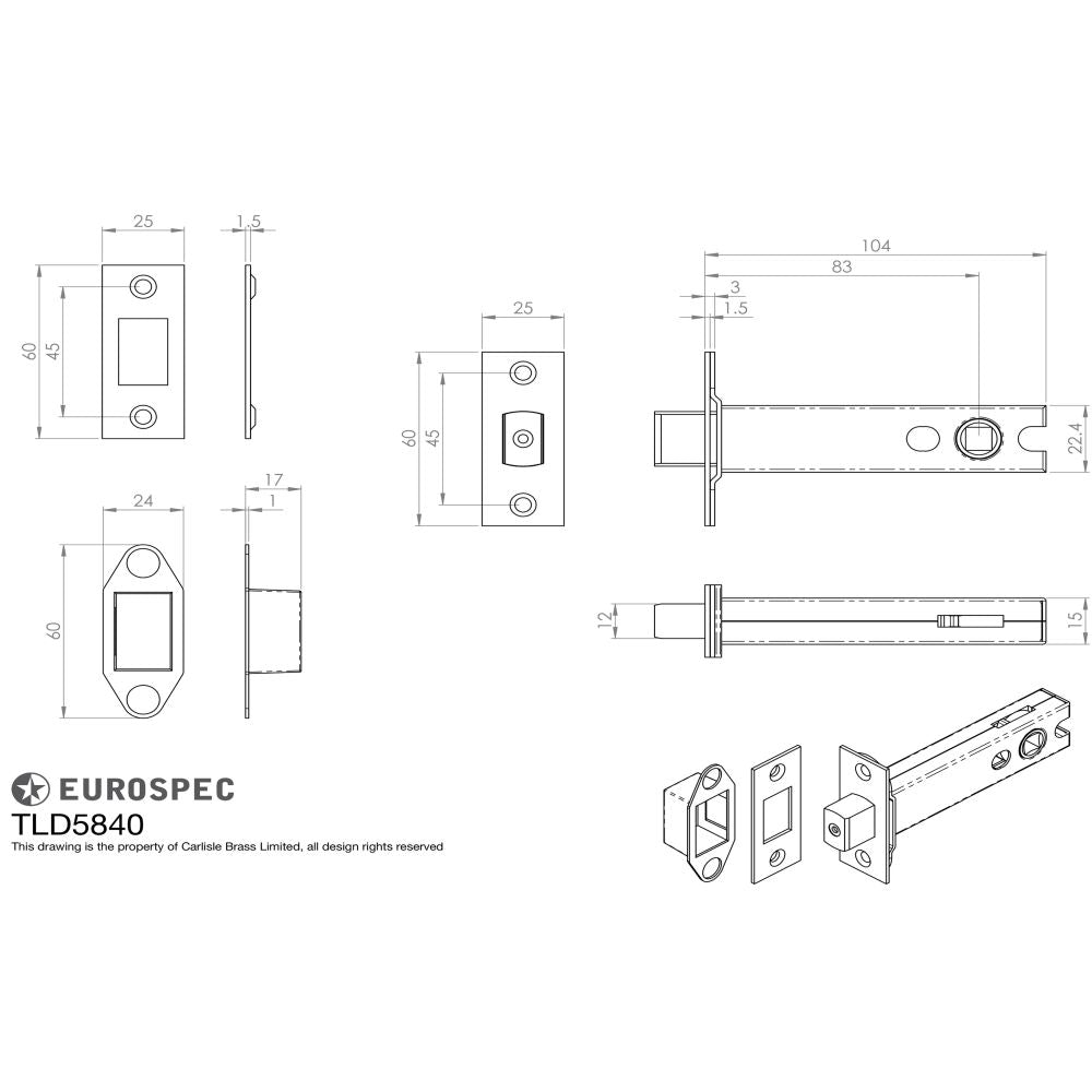 This image is a line drwaing of a Eurospec - Tubular Dead Bolt 102mm - Electro Brassed/Satin Stainless Steel available to order from T.H Wiggans Architectural Ironmongery in Kendal