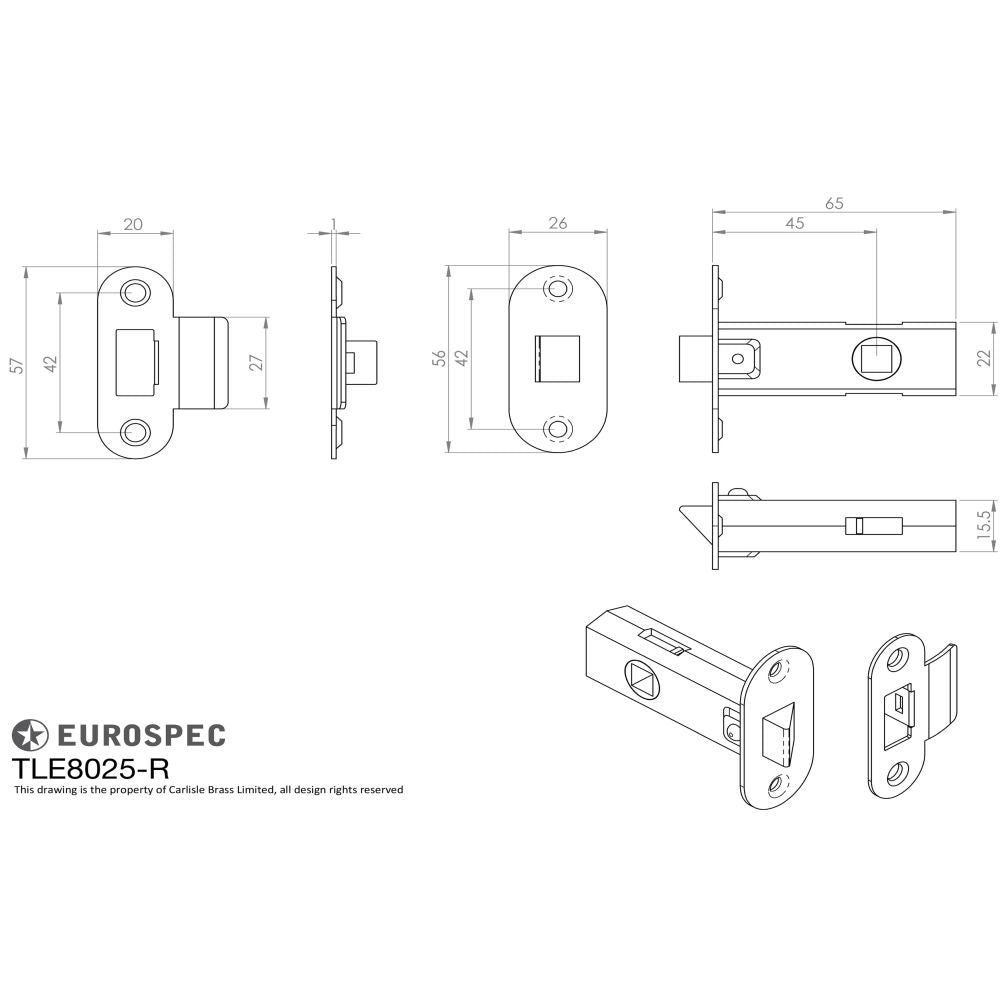 This image is a line drwaing of a Eurospec - Contract Standard Tubular Latch Radius - Nickel Plate available to order from T.H Wiggans Architectural Ironmongery in Kendal