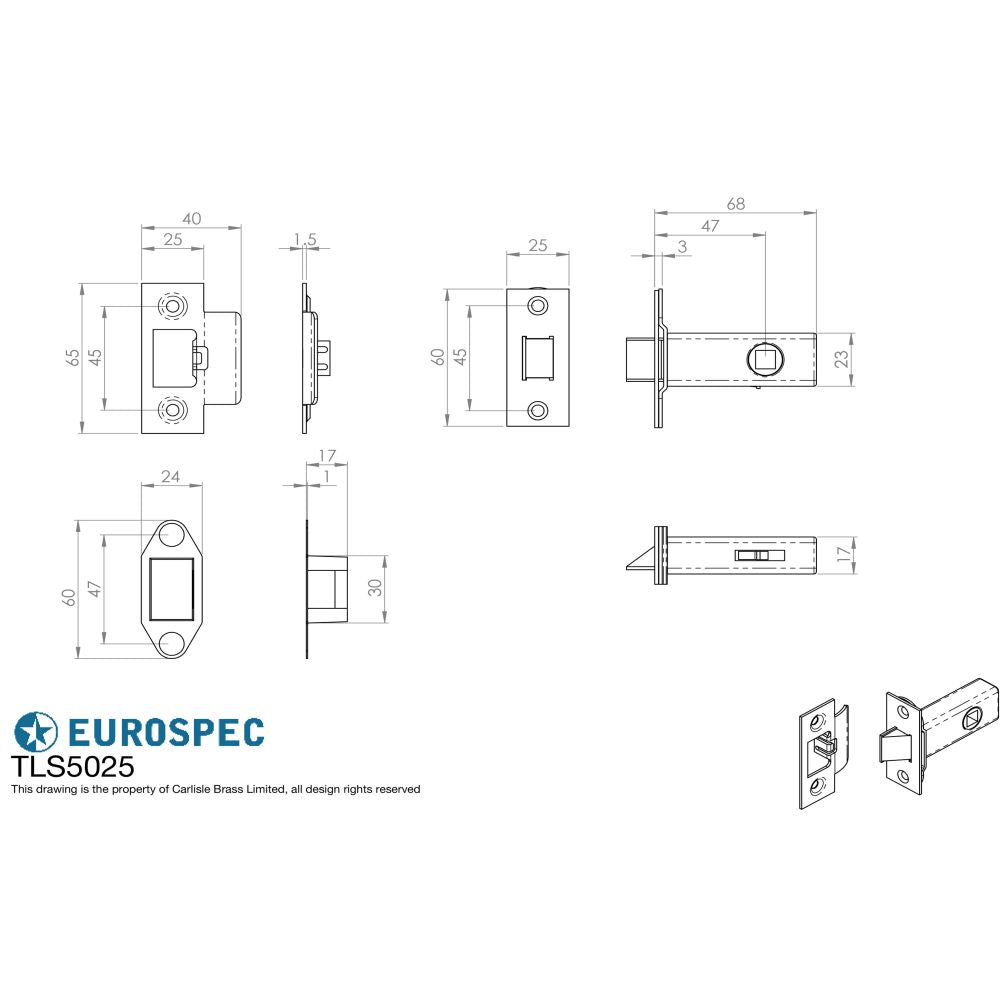 This image is a line drwaing of a Eurospec - Heavy Sprung Tubular Latch 64mm - Electro Brassed/Satin Stainless Ste available to order from T.H Wiggans Architectural Ironmongery in Kendal