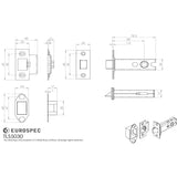 This image is a line drwaing of a Eurospec - Heavy Sprung Tubular Latch 76mm - Satin Stainless Steel available to order from T.H Wiggans Architectural Ironmongery in Kendal