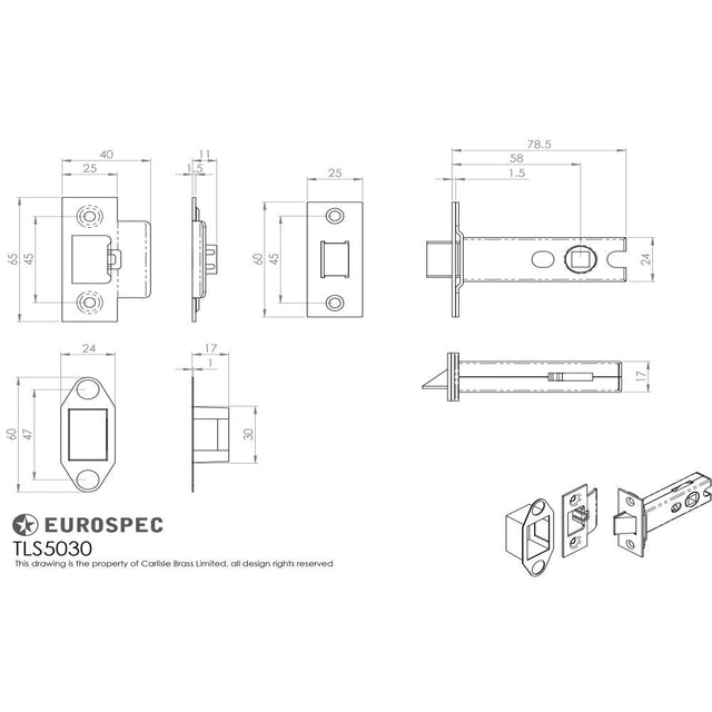 This image is a line drwaing of a Eurospec - Heavy Sprung Tubular Latch 76mm - Bright/Satin Stainless Steel available to order from T.H Wiggans Architectural Ironmongery in Kendal