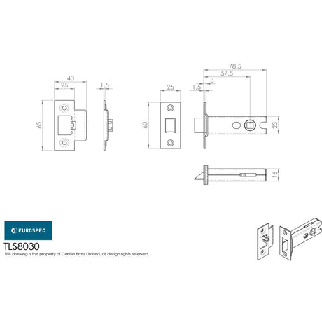 This image is a line drwaing of a Eurospec - Tubular Latch 76mm - Satin Chrome available to order from T.H Wiggans Architectural Ironmongery in Kendal