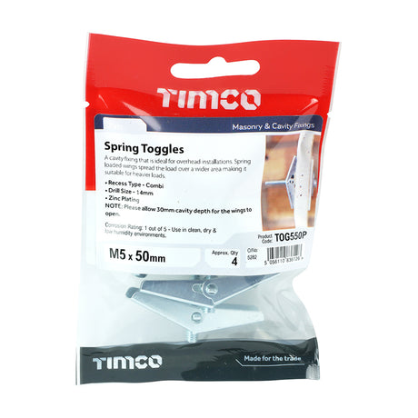 This is an image showing TIMCO Spring Toggles - Zinc - M5 x 50 - 4 Pieces TIMpac available from T.H Wiggans Ironmongery in Kendal, quick delivery at discounted prices.