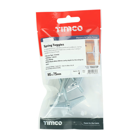 This is an image showing TIMCO Spring Toggles - Zinc - M5 x 75 - 4 Pieces TIMpac available from T.H Wiggans Ironmongery in Kendal, quick delivery at discounted prices.