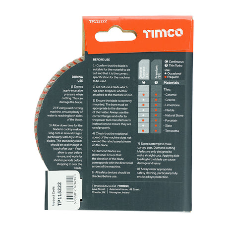 This is an image showing TIMCO Premium Tile & Ceramic Diamond Blade - Thin Turbo  - 115 x 22.2 - 1 Each Box available from T.H Wiggans Ironmongery in Kendal, quick delivery at discounted prices.