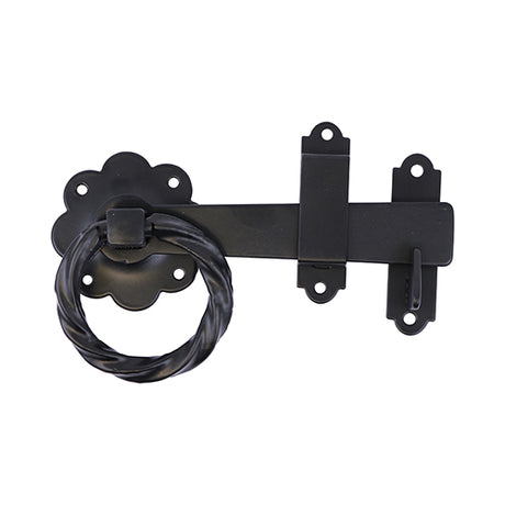 This is an image showing TIMCO Ring Gate Latch - Twisted - Black - 6" - 1 Each TIMbag available from T.H Wiggans Ironmongery in Kendal, quick delivery at discounted prices.