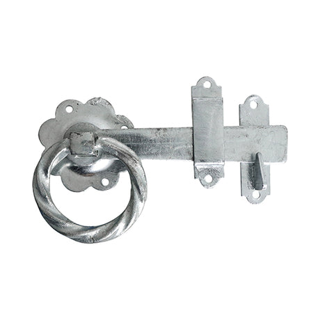 This is an image showing TIMCO Ring Gate Latch - Twisted - Hot Dipped Galvanised - 6" - 1 Each TIMbag available from T.H Wiggans Ironmongery in Kendal, quick delivery at discounted prices.