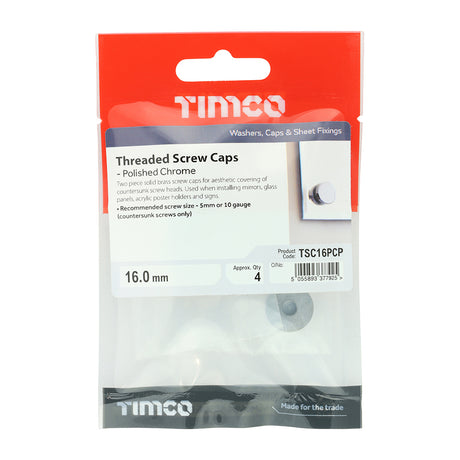 This is an image showing TIMCO Threaded Screw Caps - Solid Brass - Polished Chrome - 16mm - 4 Pieces TIMpac available from T.H Wiggans Ironmongery in Kendal, quick delivery at discounted prices.