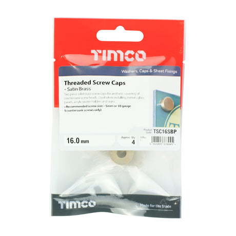 This is an image showing TIMCO Threaded Screw Caps - Solid Brass - Satin - 16mm - 4 Pieces TIMpac available from T.H Wiggans Ironmongery in Kendal, quick delivery at discounted prices.