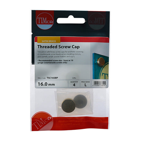 This is an image showing TIMCO Threaded Screw Caps - Solid Brass - Satin - 16mm - 4 Pieces TIMpac available from T.H Wiggans Ironmongery in Kendal, quick delivery at discounted prices.