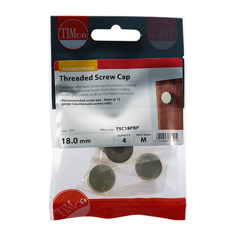 This is an image showing TIMCO Threaded Screw Caps - Solid Brass - Polished Brass - 18mm - 4 Pieces TIMpac available from T.H Wiggans Ironmongery in Kendal, quick delivery at discounted prices.