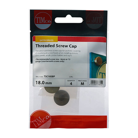 This is an image showing TIMCO Threaded Screw Caps - Solid Brass - Satin - 18mm - 4 Pieces TIMpac available from T.H Wiggans Ironmongery in Kendal, quick delivery at discounted prices.