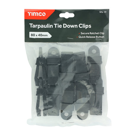 This is an image showing TIMCO Tarpaulin Tie Down Clips - 80mm x 40mm - 10 Pieces Bag available from T.H Wiggans Ironmongery in Kendal, quick delivery at discounted prices.