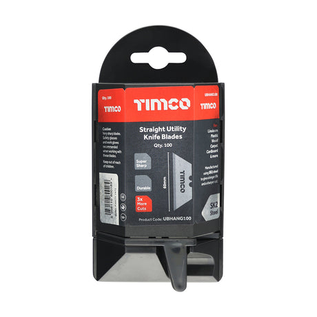This is an image showing TIMCO Utility Knife Blades - 60 x 19 x 0.6 - 100 Pieces Blister Pack available from T.H Wiggans Ironmongery in Kendal, quick delivery at discounted prices.