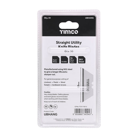 This is an image showing TIMCO Utility Knife Blades - 60 x 19 x 0.6 - 50 Pieces Blister Pack available from T.H Wiggans Ironmongery in Kendal, quick delivery at discounted prices.