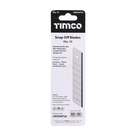 This is an image showing TIMCO Snap Off Utility Knife Blades - 100 x 18 x 0.6 - 10 Pieces Backing Card available from T.H Wiggans Ironmongery in Kendal, quick delivery at discounted prices.