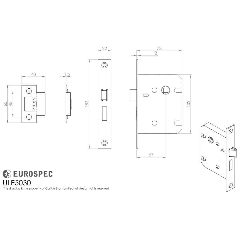 This image is a line drwaing of a Eurospec - Upright Latch 76mm - Nickel Plate available to order from T.H Wiggans Architectural Ironmongery in Kendal