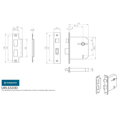 This image is a line drwaing of a Eurospec - Universal Replacement 3 Lever Sashlock 76mm - Satin Stainless Steel available to order from T.H Wiggans Architectural Ironmongery in Kendal