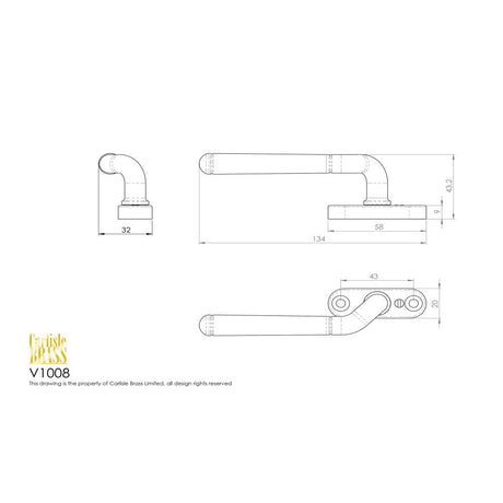 This image is a line drwaing of a Carlisle Brass - Cranked Locking Espagnolette Handle R/H - Satin Chrome available to order from T.H Wiggans Architectural Ironmongery in Kendal in Kendal