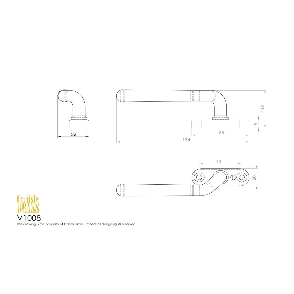 This image is a line drwaing of a Carlisle Brass - Cranked Locking Espagnolette Handle L/H - Polished Brass available to order from T.H Wiggans Architectural Ironmongery in Kendal in Kendal