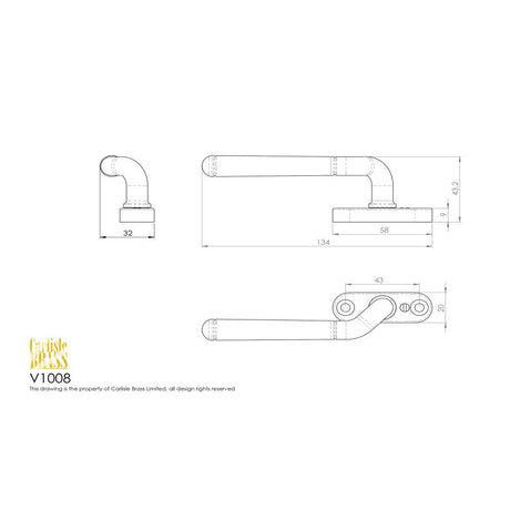 This image is a line drwaing of a Carlisle Brass - Cranked Locking Espagnolette Handle R/H - Polished Brass available to order from T.H Wiggans Architectural Ironmongery in Kendal in Kendal