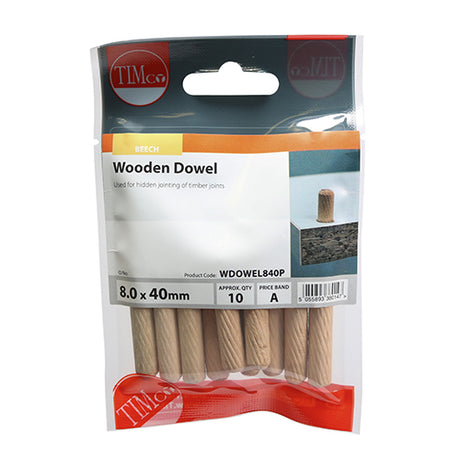 This is an image showing TIMCO Wooden Dowels - 8.0 x 40 - 10 Pieces TIMpac available from T.H Wiggans Ironmongery in Kendal, quick delivery at discounted prices.