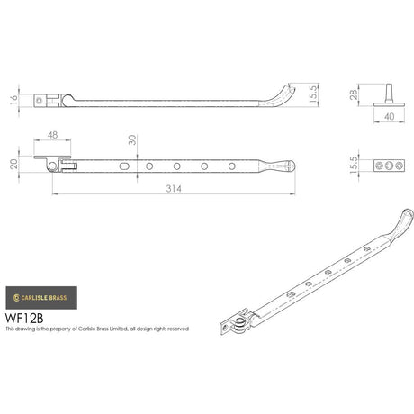 This image is a line drwaing of a Carlisle Brass - Bulb End Casement Stay 305mm - Polished Chrome available to order from T.H Wiggans Architectural Ironmongery in Kendal in Kendal