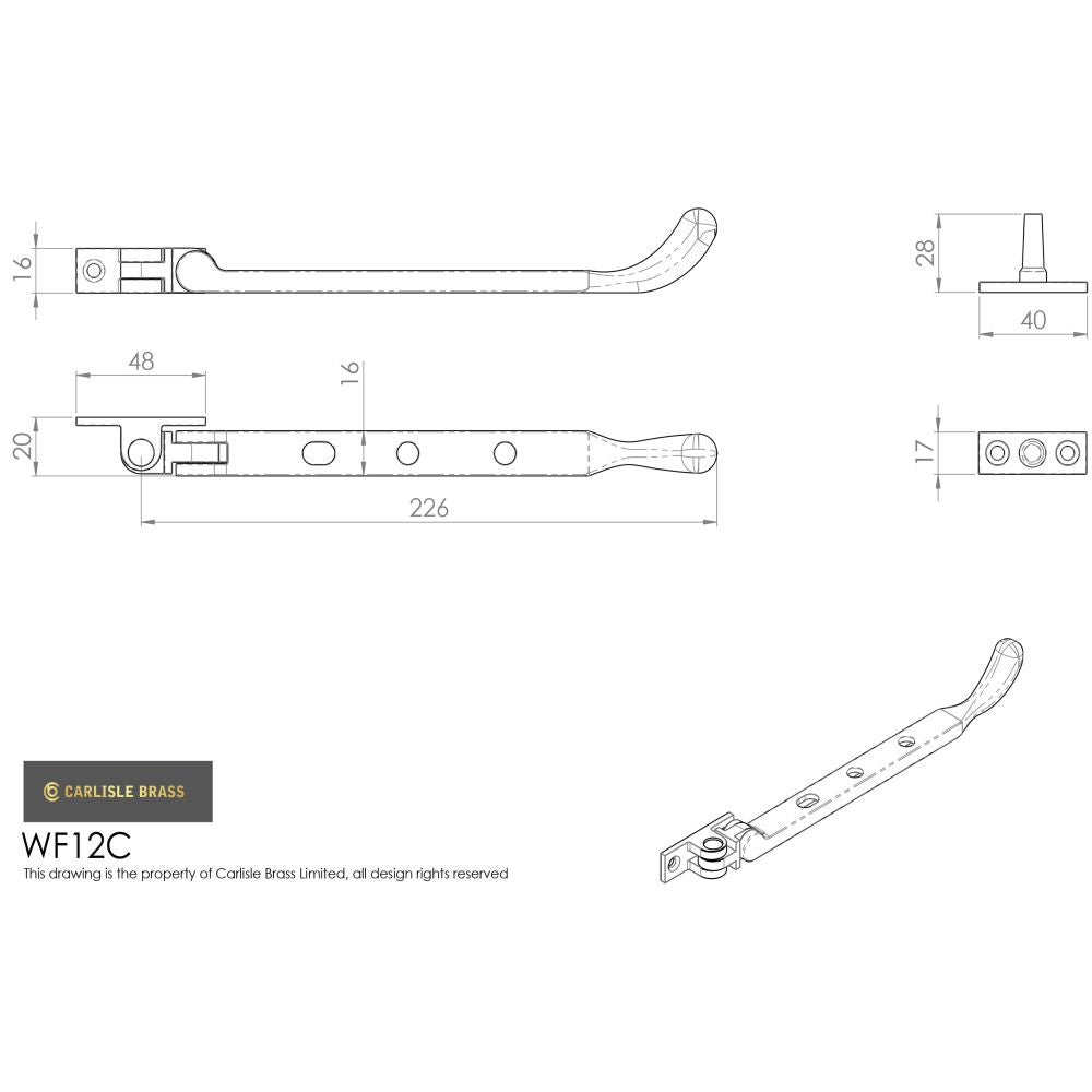 This image is a line drwaing of a Carlisle Brass - Bulb End Casement Stay 203mm - Polished Brass available to order from T.H Wiggans Architectural Ironmongery in Kendal in Kendal