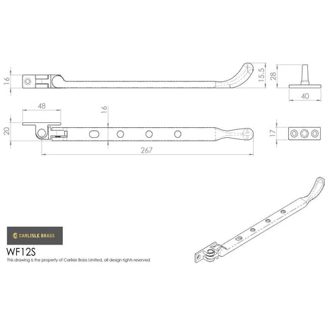 This image is a line drwaing of a Carlisle Brass - Bulb End Casement Stay 253mm - Polished Chrome available to order from T.H Wiggans Architectural Ironmongery in Kendal in Kendal