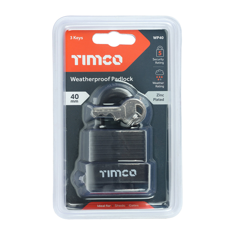 This is an image showing TIMCO Weatherproof Padlock - 40mm - 1 Each Blister Pack available from T.H Wiggans Ironmongery in Kendal, quick delivery at discounted prices.