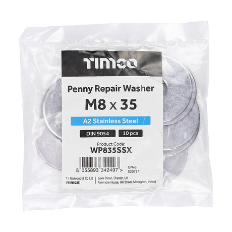 This is an image showing TIMCO Penny / Repair Washers - A2 Stainless Steel - M8 x 35 - 10 Pieces Bag available from T.H Wiggans Ironmongery in Kendal, quick delivery at discounted prices.