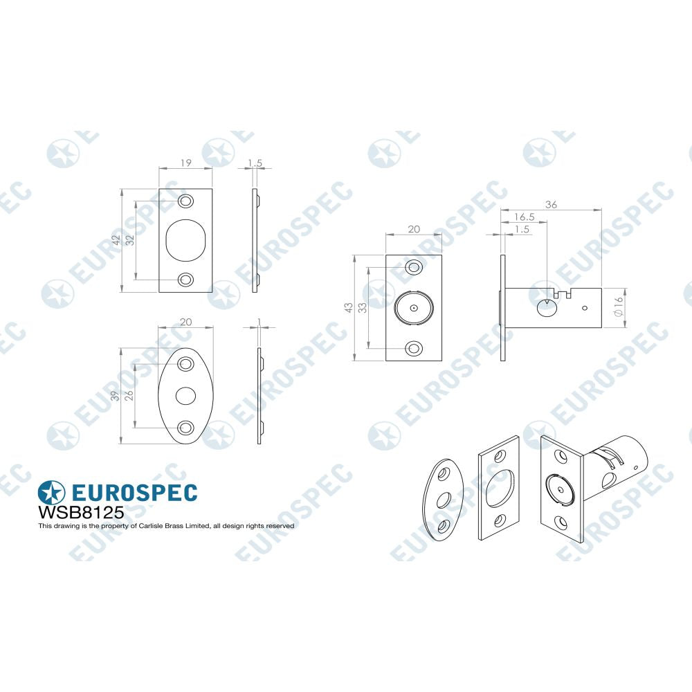 This image is a line drwaing of a Eurospec - Window Security Bolt - Electro Brassed available to order from T.H Wiggans Architectural Ironmongery in Kendal