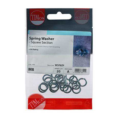 This is an image showing TIMCO Spring Washers - Zinc - M8 - 20 Pieces TIMpac available from T.H Wiggans Ironmongery in Kendal, quick delivery at discounted prices.