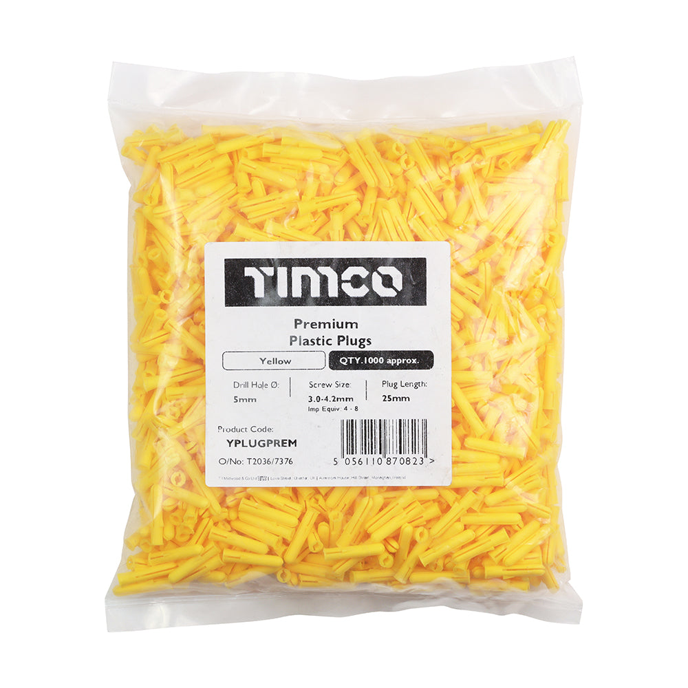 This is an image showing TIMCO Premium Plastic Plugs - Yellow - 25mm - 1000 Pieces Bag available from T.H Wiggans Ironmongery in Kendal, quick delivery at discounted prices.