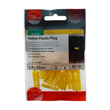 This is an image showing TIMCO Plastic Plugs - Yellow - 25mm - 50 Pieces TIMpac available from T.H Wiggans Ironmongery in Kendal, quick delivery at discounted prices.