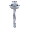 This is an image showing TIMCO Metal Construction Heavy Section Screws - Hex - EPDM Washer - Self-Drilling - Zinc - 5.5 x 65 - 100 Pieces Box available from T.H Wiggans Ironmongery in Kendal, quick delivery at discounted prices.