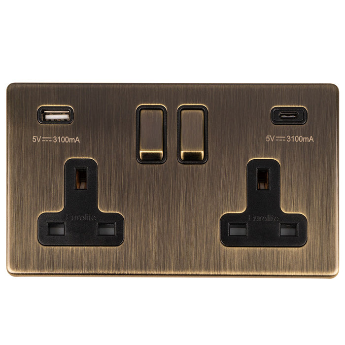 This is an image showing Eurolite Concealed 3mm 2 Gang 13Amp Switched Socket With Usb C Ant Brass - Antique Brass (With Black Trim) ab2usbcb available to order from T.H. Wiggans Ironmongery in Kendal, quick delivery and discounted prices.