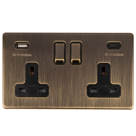 This is an image showing Eurolite Concealed 3mm 2 Gang 13Amp Switched Socket With Usb C Ant Brass - Antique Brass (With Black Trim) ab2usbcb available to order from T.H. Wiggans Ironmongery in Kendal, quick delivery and discounted prices.