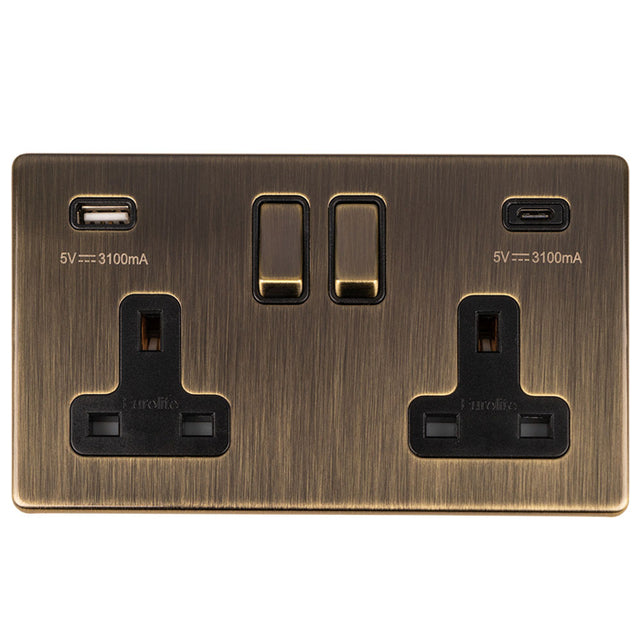 This is an image showing Eurolite Concealed 3mm 2 Gang 13Amp Switched Socket With Usb C Ant Brass - Antique Brass (With Black Trim) ab2usbcb available to order from T.H. Wiggans Ironmongery in Kendal, quick delivery and discounted prices.